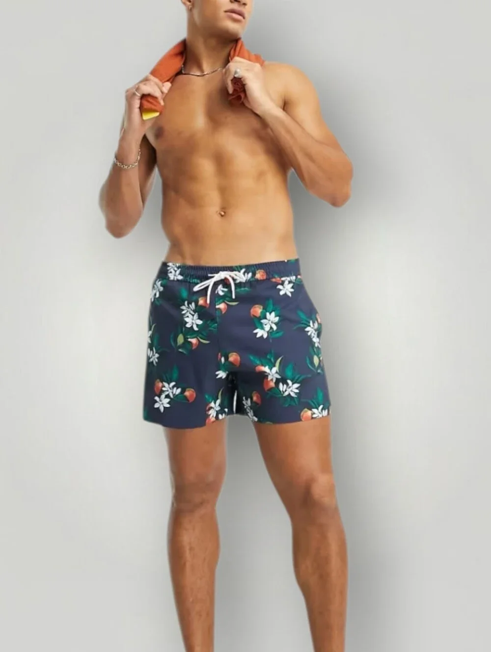 Abercrombie‎ & Fitch Mens XXL Swim Trunks Navy Orange Floral Pull On Drawstring